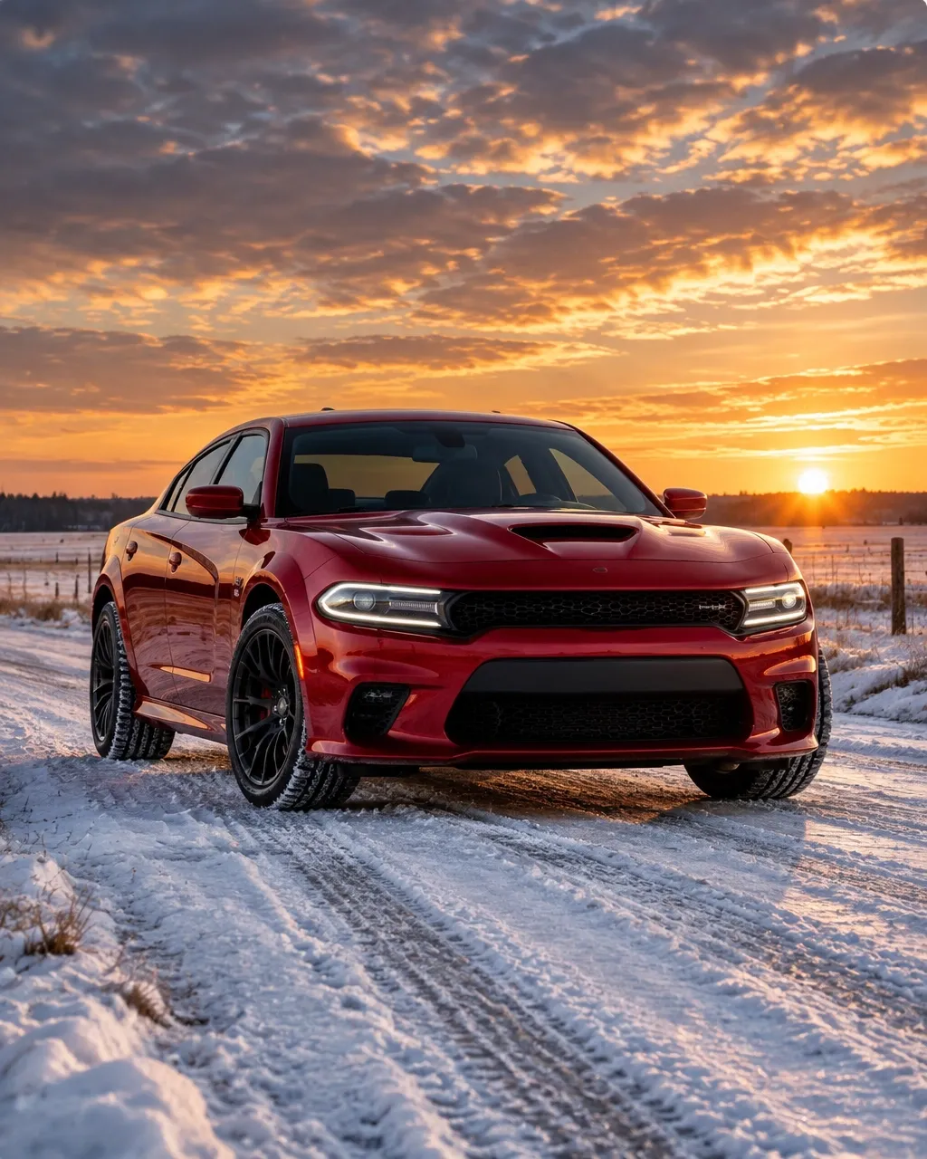Red performance sedan at winter sunset