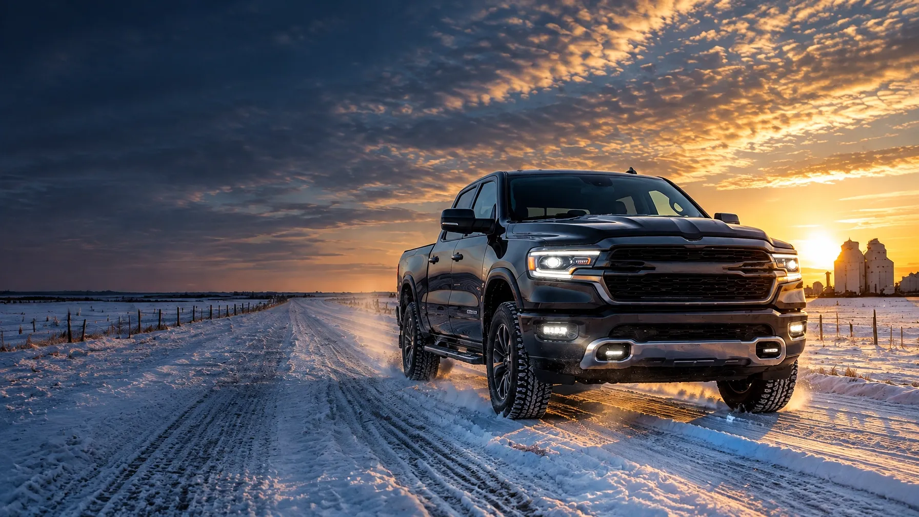 Pickup on a snowy prairie road at sunset