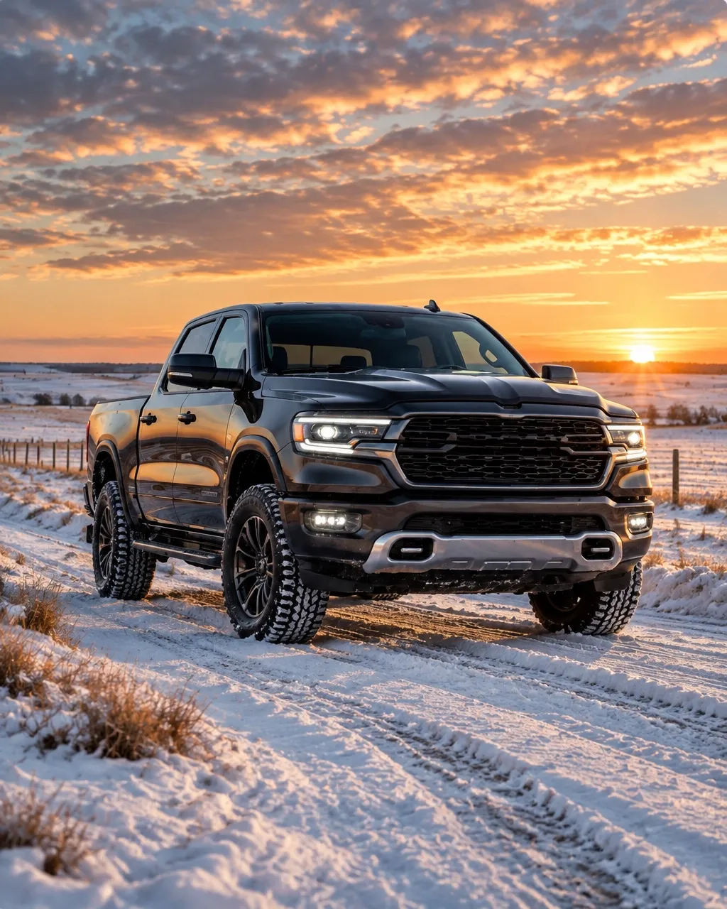 Ram-style pickup truck on a snowy Saskatchewan road